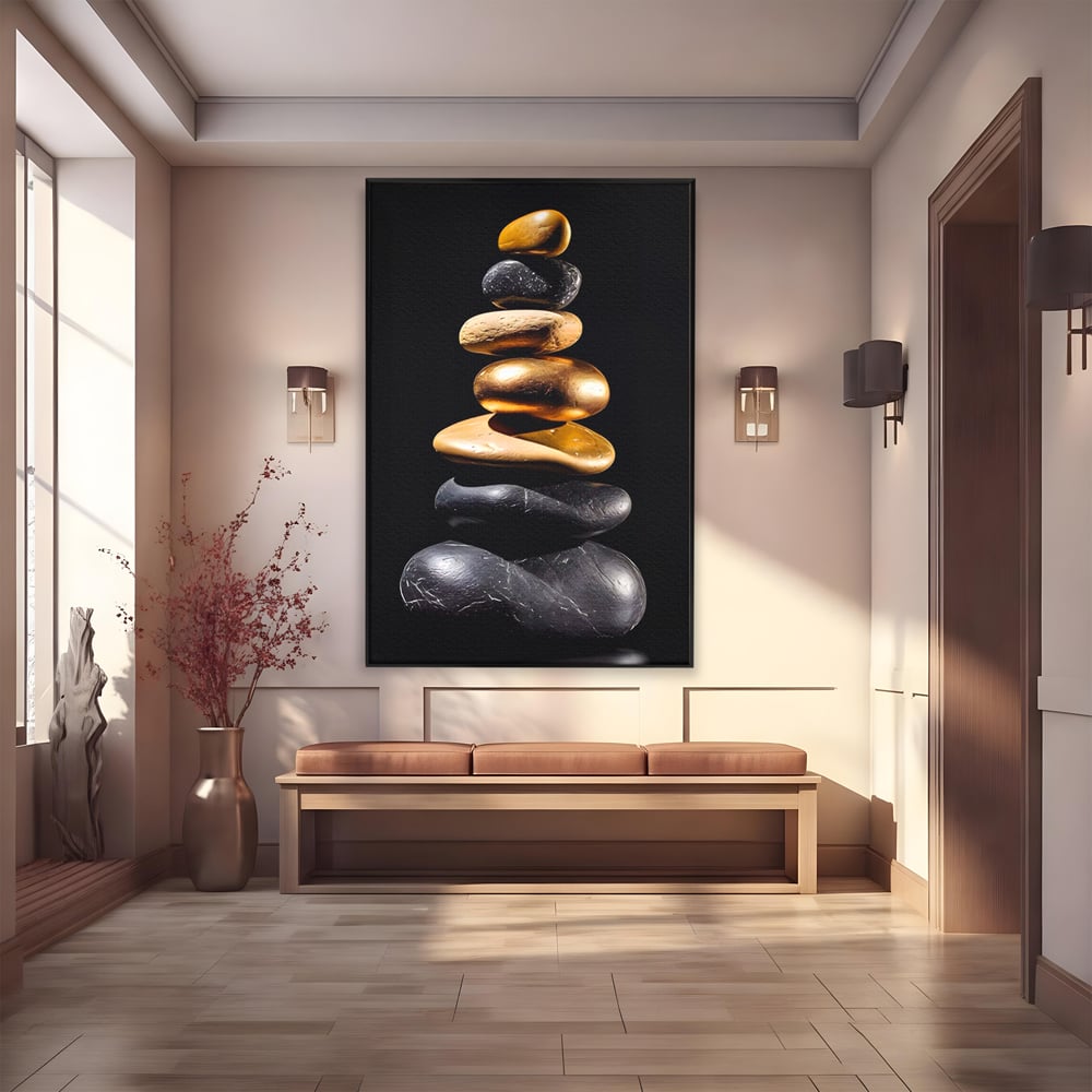 Tablou canvas cu turn vertical din pietre suprapuse, in rama de aluminiu negru